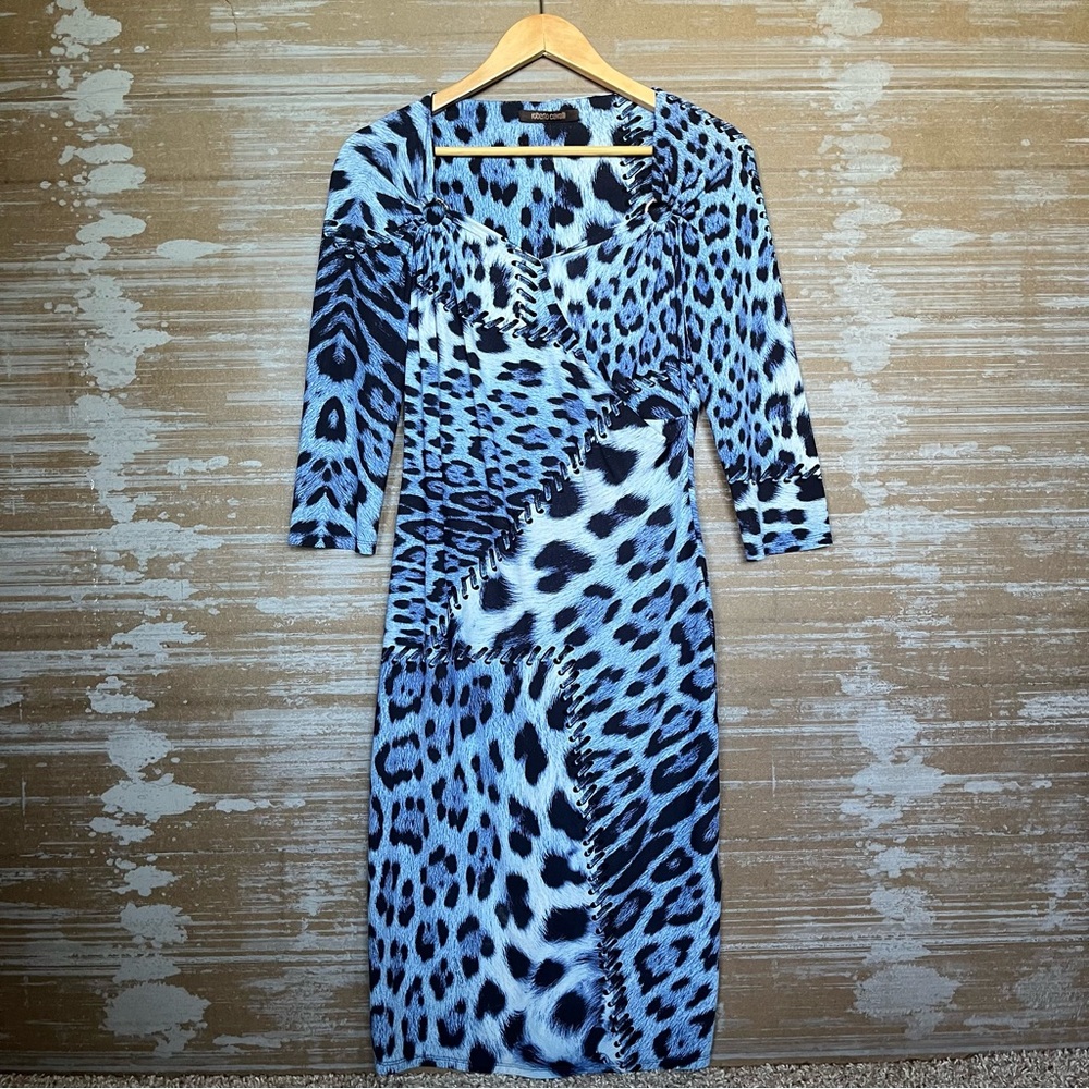 Roberto Cavalli Animal Print Blue Jersey Dress Cocktail Event Womens M